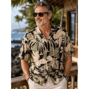 Vintage Paradise Blue Men's Large Silk Cotton Tropical Shirt Black Green Leaf